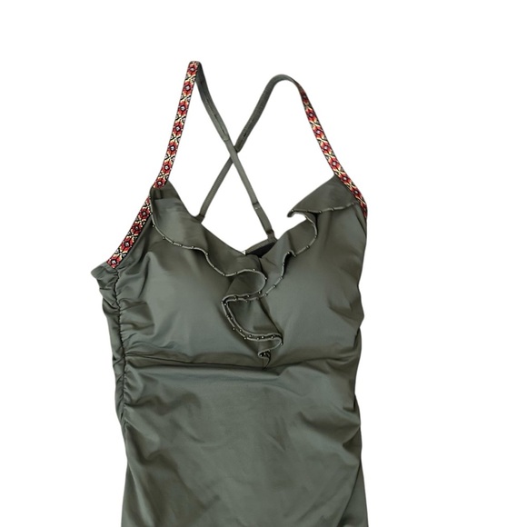Sundance Olive Khaki Ruffle Embroidered Cross Strap One Piece Bathing Suit M - Picture 2 of 5